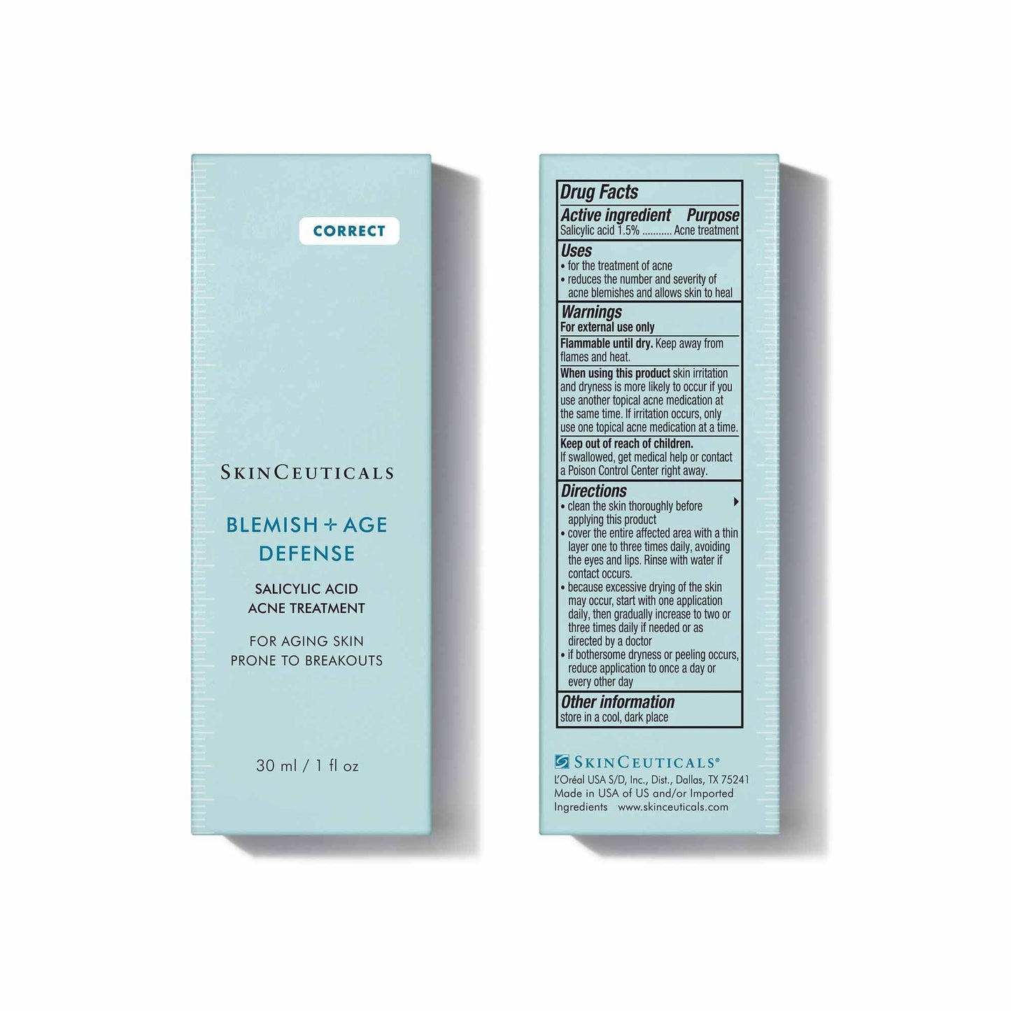 SkinCeuticals Blemish + Age Defense serum bottle with secondary packaging carton