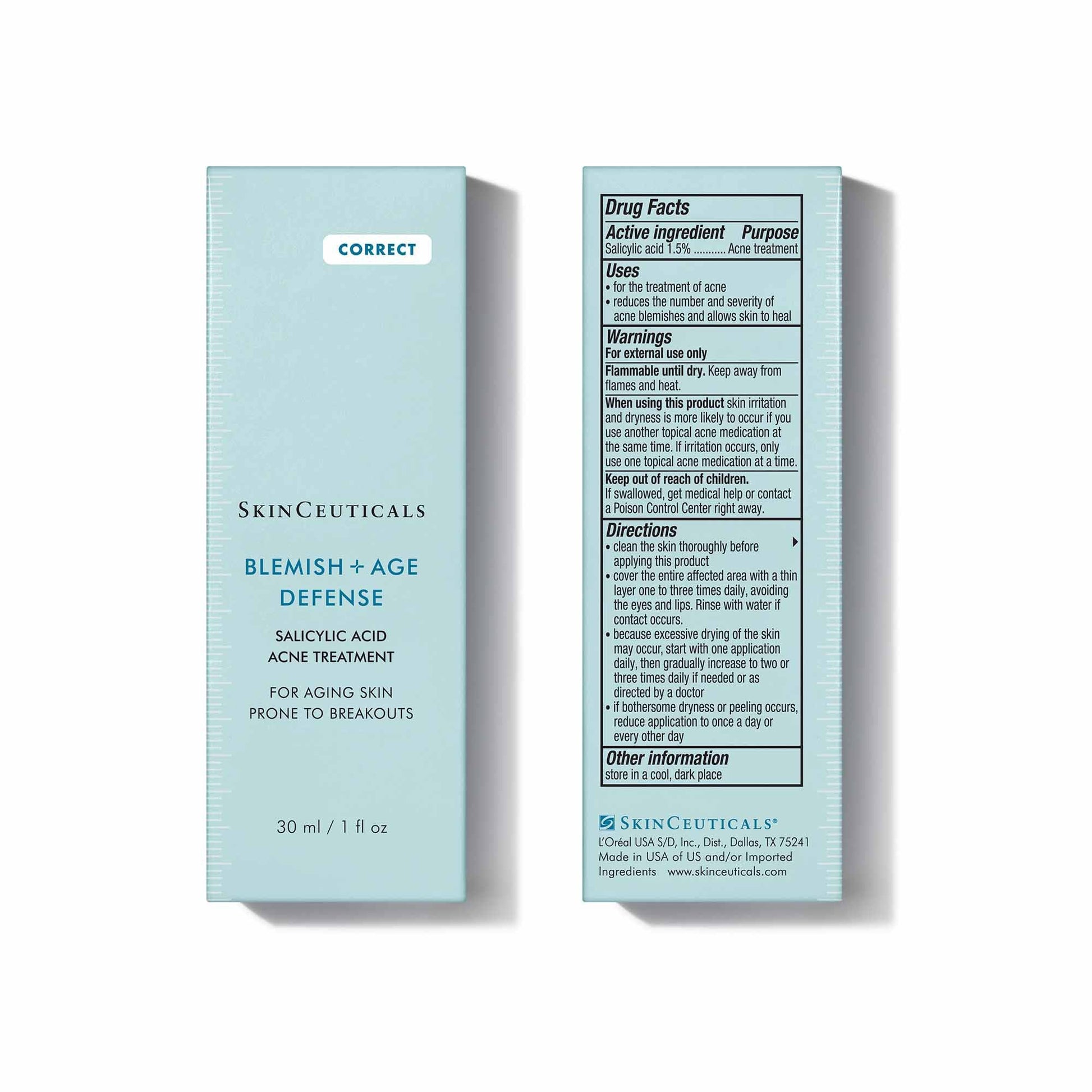 SkinCeuticals Blemish + Age Defense serum bottle with secondary packaging carton